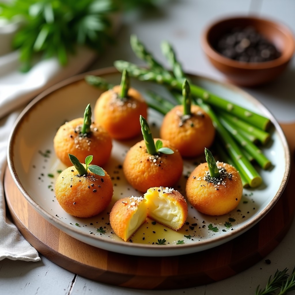 Croquetas doradas y crujientes de espárragos blancos y queso de anacardos, aperitivo francés vegano sin rebozar, servidas en bandeja de madera con semillas de sésamo y aceite de oliva.