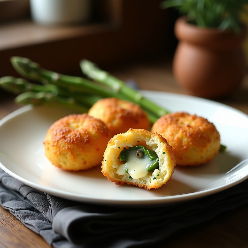 Croquetas doradas y crujientes de espárragos y queso azul con bechamel de almendras, servidas en un plato blanco sobre fondo rústico de madera. Receta sin gluten en airfryer.