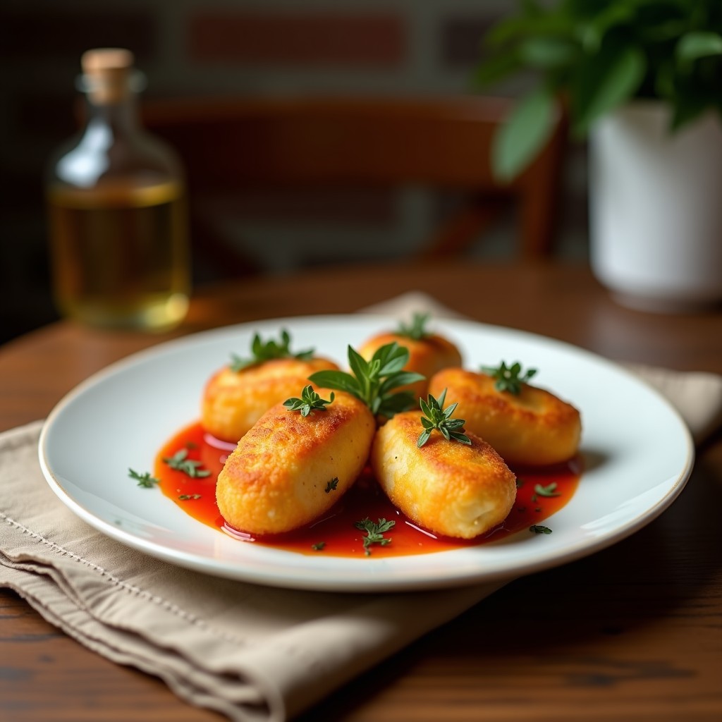 Croquetas doradas y crujientes de espárragos trigueros y queso manchego, apiladas en un plato blanco con fondo de madera rústica. Se ven las puntas de espárrago asomando por los extremos, receta Thermomix sin harina.