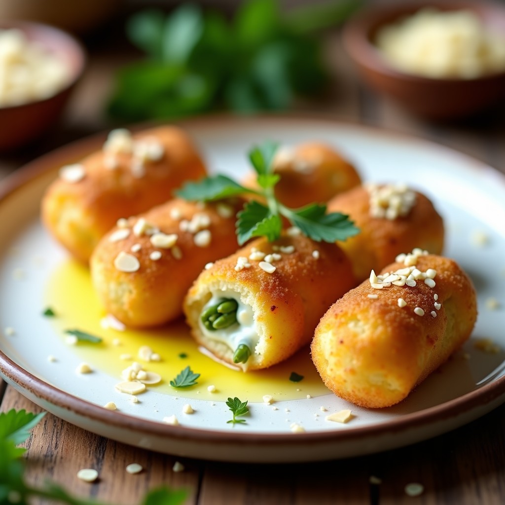 Croquetas doradas de espárragos trigueros y queso de oveja servidas en plato blanco, con textura cremosa por dentro y crujiente por fuera, preparadas en Thermomix sin rebozar.