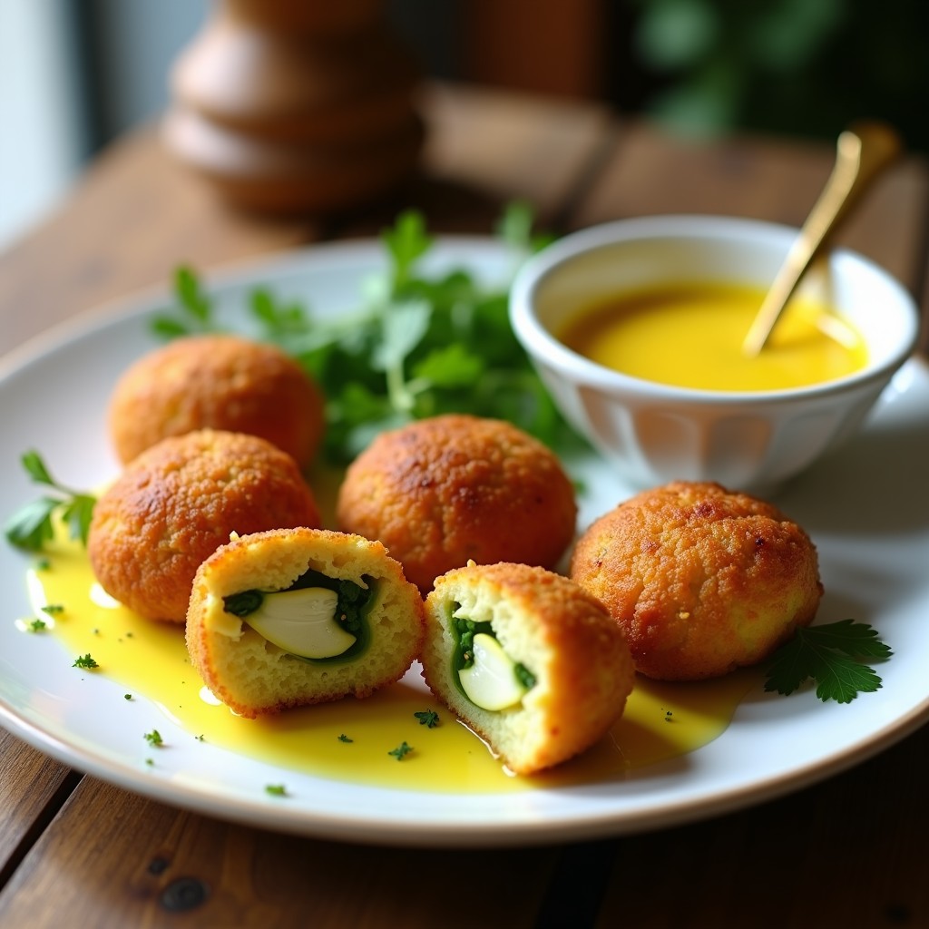 Croquetas de espárragos trigueros veganas doradas y crujientes, servidas en un plato blanco con salsa de azafrán amarilla intensa y decoradas con hebras de azafrán y hojas de perejil fresco.