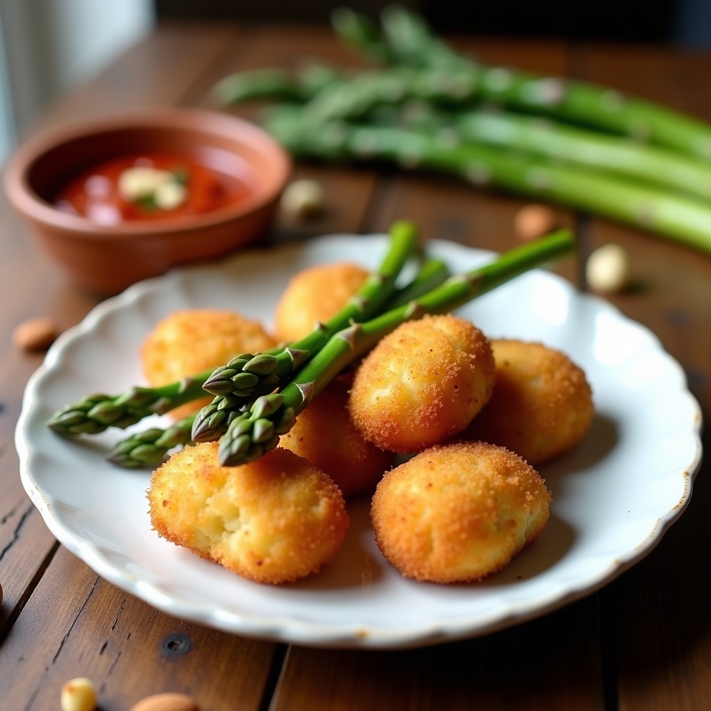Croquetas doradas y crujientes de espárragos trinados y queso de oveja servidas en plato de cerámica blanca, acompañadas de salsa de romesco en cuenco pequeño y puntas de espárragos como decoración, con fondo rústico de madera.