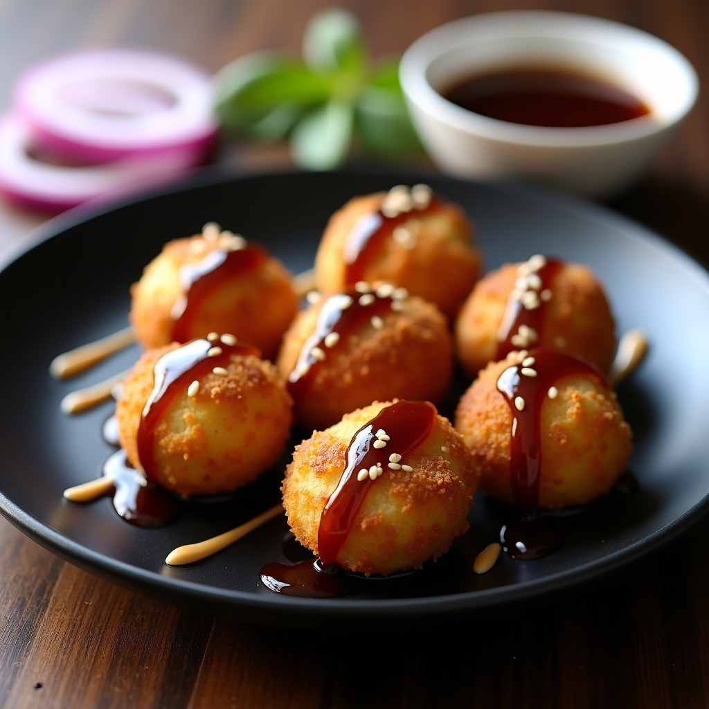 Croquetas doradas y crujientes de espelta y hongos shiitake con salsa teriyaki brillante, servidas en un plato negro con semillas de sésamo espolvoreadas y rodajas de cebolla morada. Receta vegana en Thermomix.