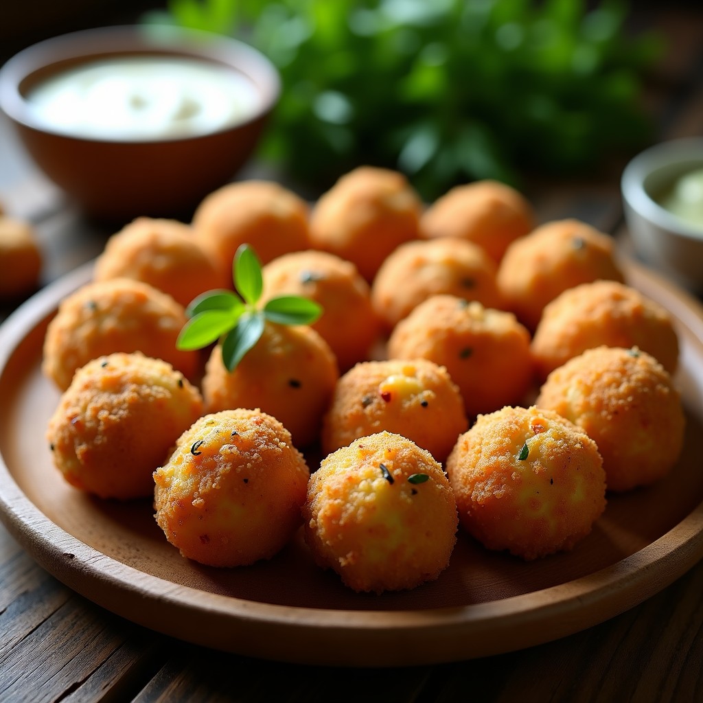 Croquetas doradas y crujientes de espelta y setas shiitake servidas en un plato de cerámica blanca, con un fondo rústico y hierbas frescas. Receta en airfryer sin lactosa.