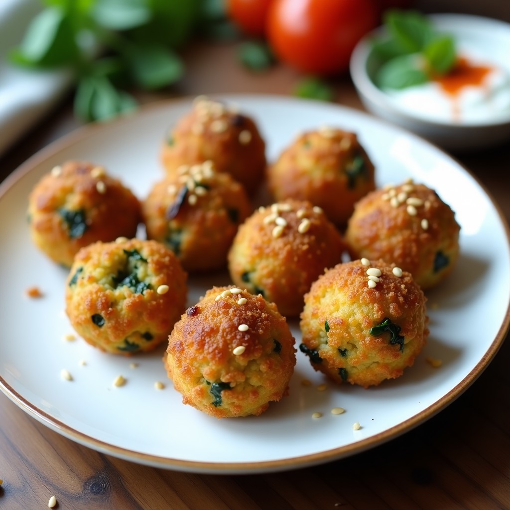 Croquetas doradas de espinaca y garbanzo en airfryer, crujientes por fuera y esponjosas por dentro, servidas en un plato blanco con semillas de sésamo visibles y un dip de yogur al lado.