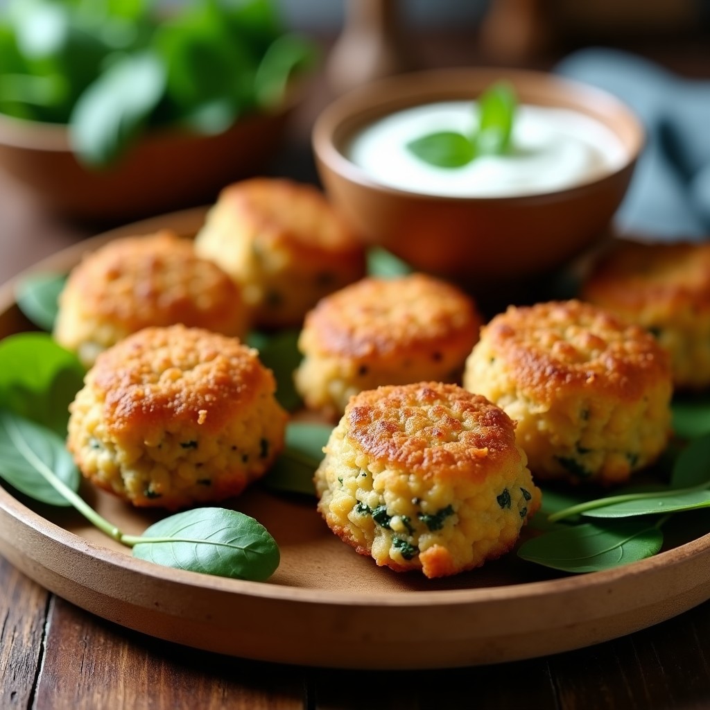 Croquetas doradas y crujientes de espinaca y garbanzo con bechamel de avena, servidas en bandeja rústica de madera con hierbas frescas. Aperitivo sin gluten en Thermomix, alto en proteína y saludable.