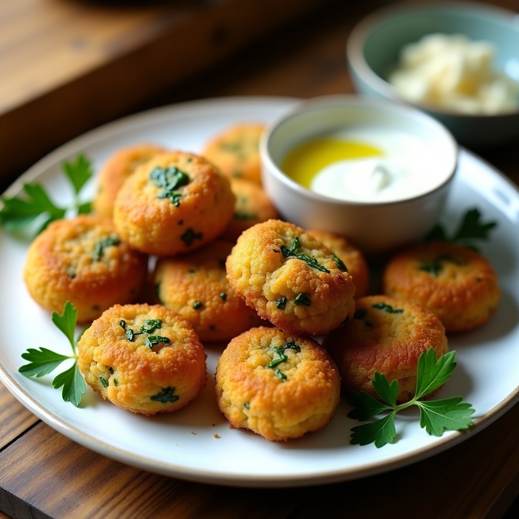 Croquetas doradas de espinaca y queso halloumi en airfryer, sin rebozado tradicional, servidas en plato blanco con hierbas frescas y salsa de yogur.