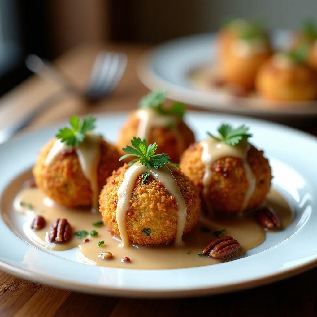 Croquetas doradas y crujientes de espinaca y queso azul servidas en plato blanco con salsa de nuez pecana, decoradas con nueces picadas y perejil fresco. Aperitivo francés gourmet en airfryer.