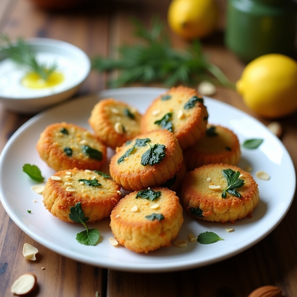 Croquetas doradas y crujientes de espinaca y queso feta con pan de almendra, servidas en un plato blanco con dip de yogur griego y eneldo fresco, aperitivo griego keto.