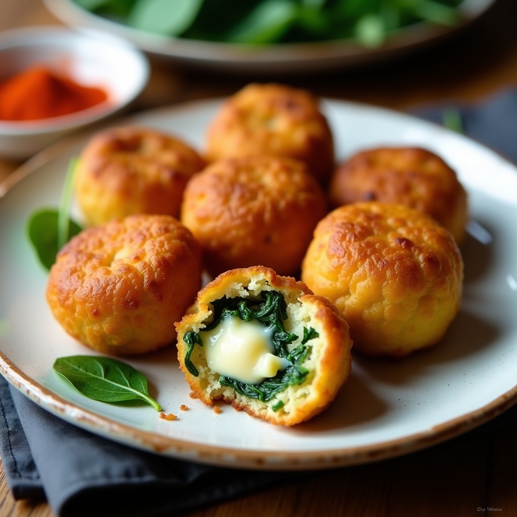 Croquetas doradas de espinaca y queso manchego en olla express, servidas en plato blanco con fondo rústico, textura crujiente por fuera y cremosa por dentro.