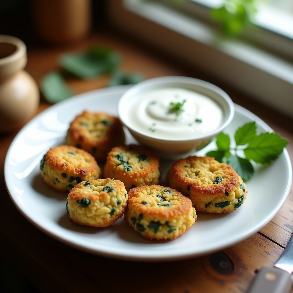 Croquetas doradas y crujientes de espinaca y queso de soja keto, con rebozado de almendras y sésamo, servidas en un plato blanco con hierbas frescas y salsa de yogur, receta airfryer sin gluten.