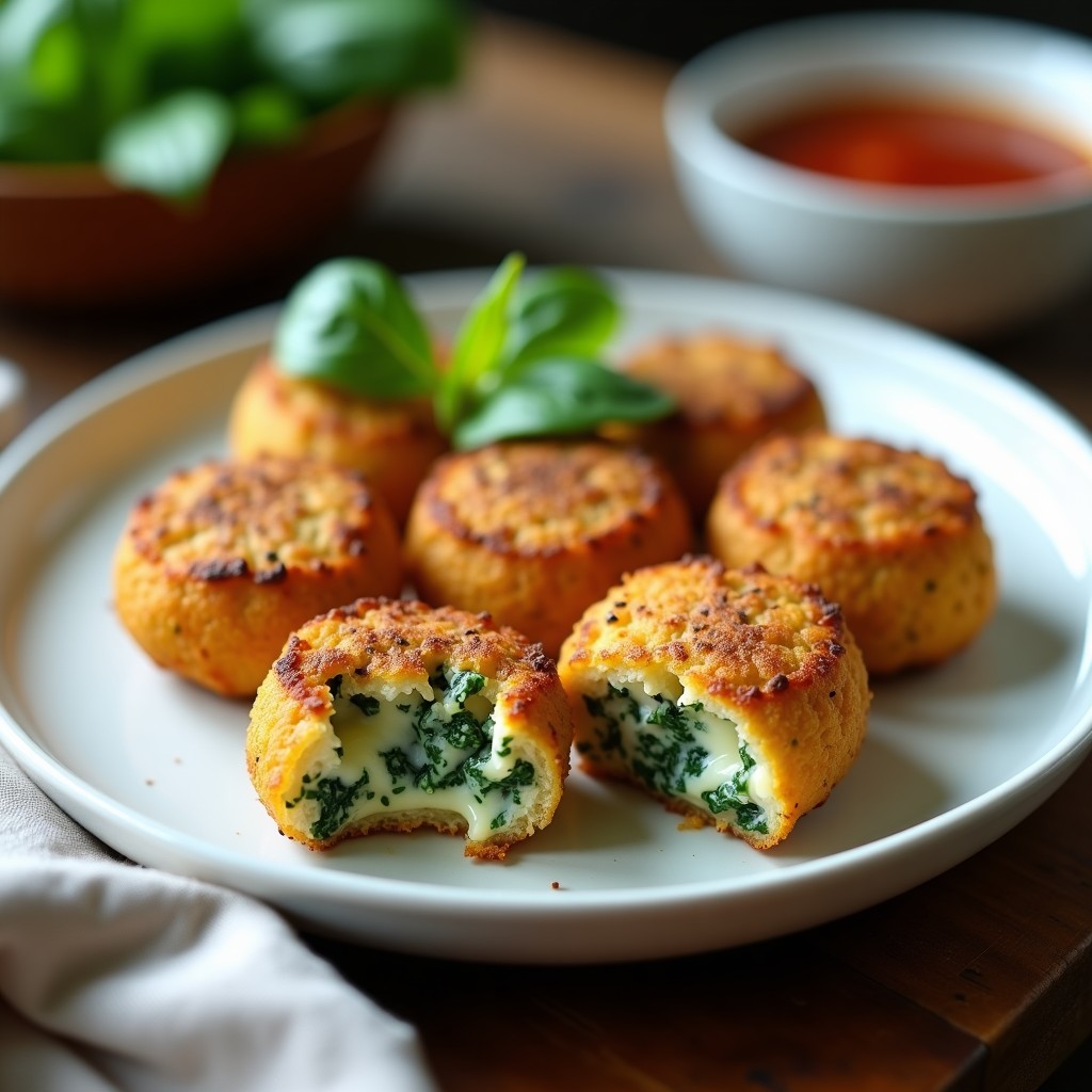 Croquetas doradas de espinaca y queso vegano con costra crujiente de semillas de chía, lino y amapola, servidas en plato blanco sobre fondo rústico. Receta sin horno y alta en hierro.