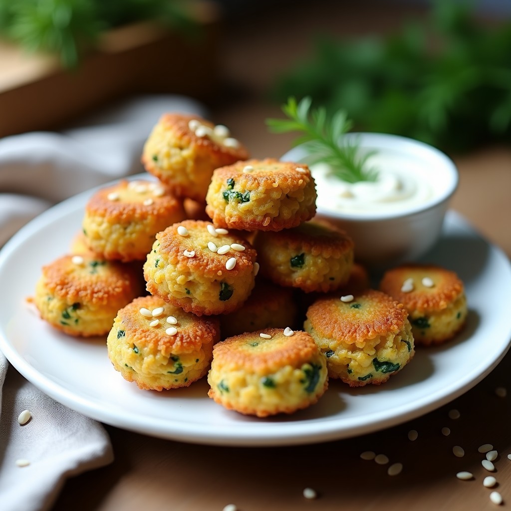 Croquetas de espinaca y queso vegano doradas y crujientes, apiladas en un plato blanco con un dip de yogur vegano y hierbas frescas al lado. Receta en Thermomix sin harina.