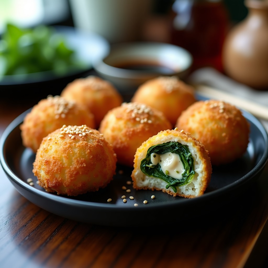 Croquetas japonesas veganas de espinaca y tofu sedoso doradas y crujientes, servidas en un plato de cerámica negra con semillas de sésamo y algas nori, acompañadas de salsa de soja y palillos.