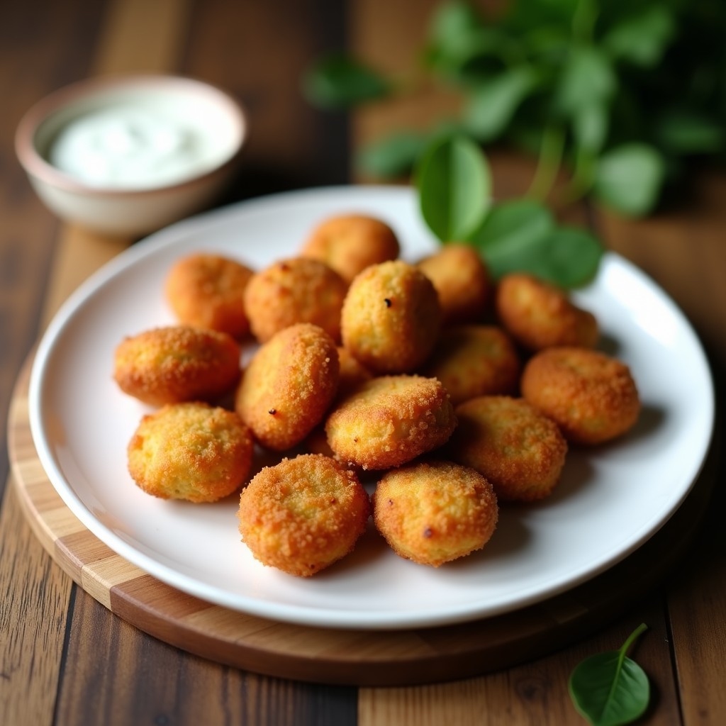 Croquetas doradas y crujientes de espinacas y jamón serrano servidas en plato blanco, con textura esponjosa por dentro y acompañadas de salsa de yogur.