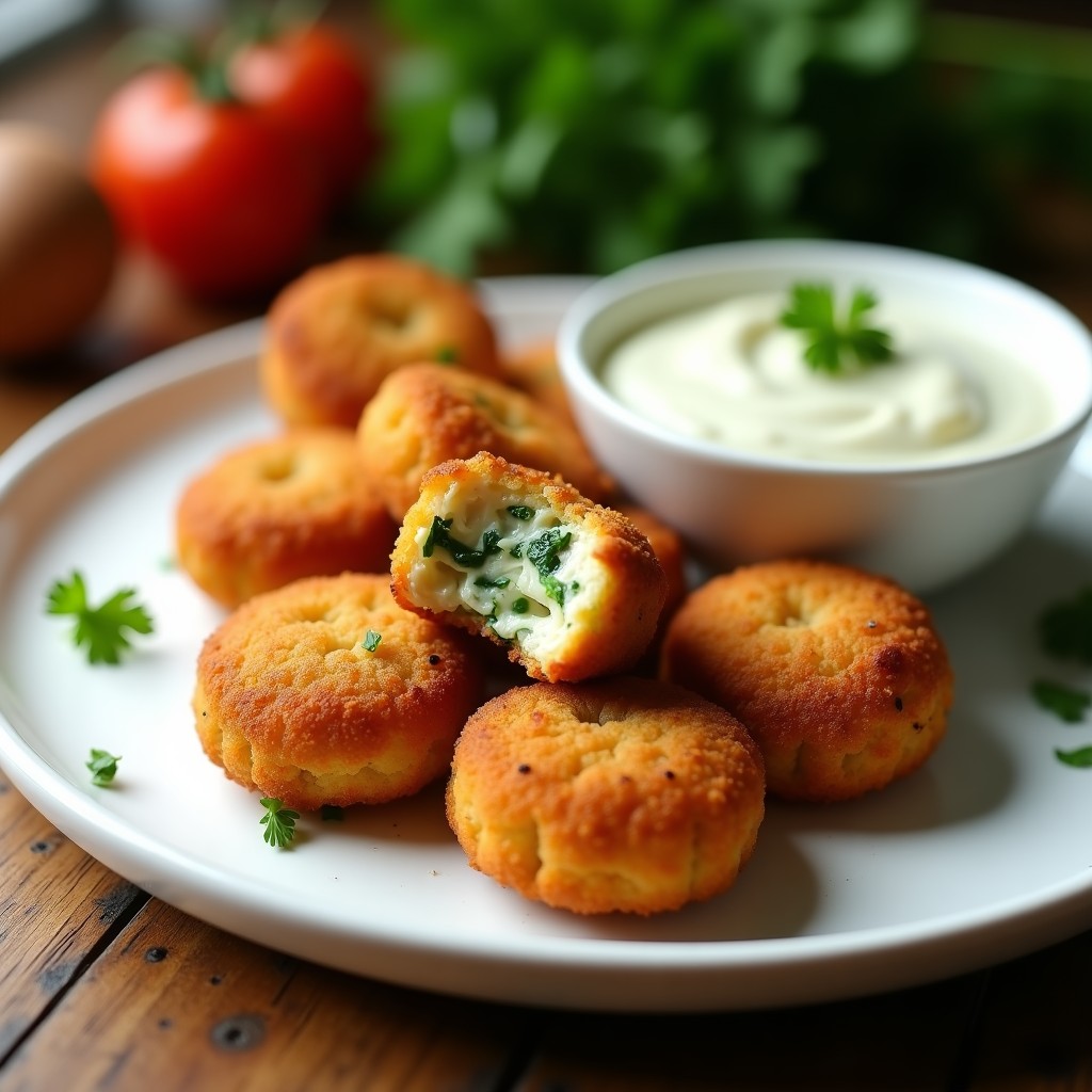 Croquetas doradas y crujientes de espinacas y queso de anacardos con bechamel de avena, servidas en plato blanco con salsa de yogur y perejil fresco, aperitivo vegano en airfryer.