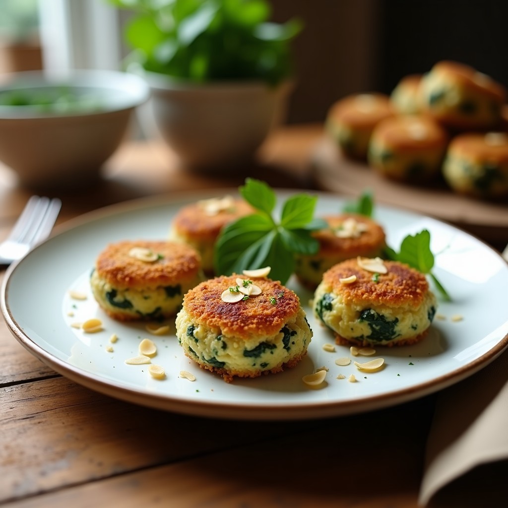 Croquetas doradas y crujientes de espinacas y queso de almendras con empanizado de pan panko de coco, servidas en un plato blanco con salsa de yogur vegano y decoradas con hojas de espinaca fresca.