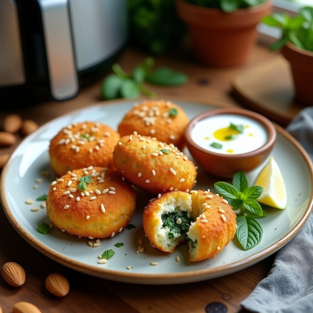 Croquetas doradas y crujientes de espinacas y queso de almendras veganas, servidas en un plato blanco con salsa de yogur y hierbas frescas, receta española en Airfryer.