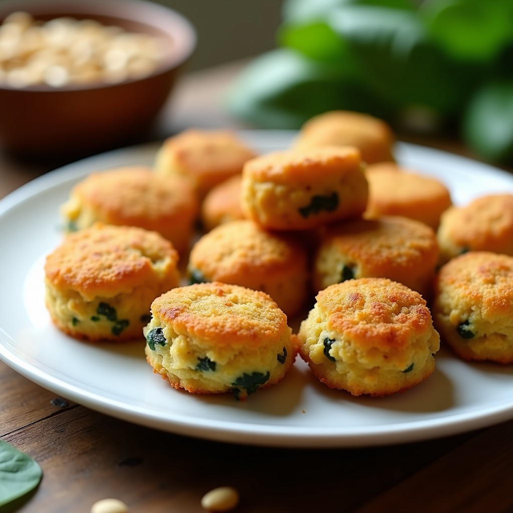 Croquetas doradas de espinacas y queso de anacardos en Airfryer con cobertura crujiente de pipas de girasol, servidas en plato blanco sobre fondo rústico.