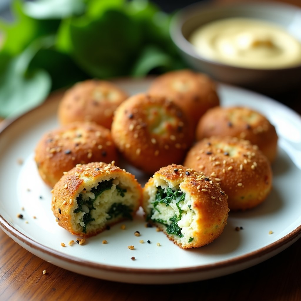 Croquetas de espinacas y queso de anacardos con costra dorada de semillas de girasol, lino y sésamo, servidas en un plato blanco rústico con fondo de madera y hierbas frescas.