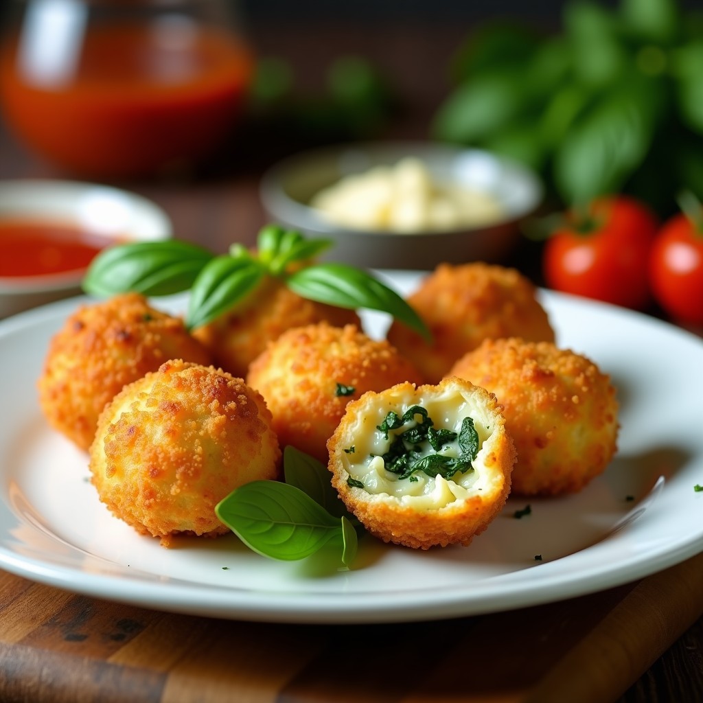Croquetas doradas y crujientes de espinacas y queso buffala con cobertura de pan panko y almendras, servidas en plato blanco con hojas de albahaca fresca y salsa de tomate al lado. Receta italiana en airfryer.