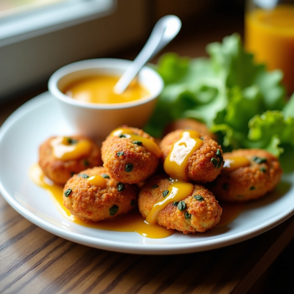 Croquetas doradas y crujientes de espinacas y queso de cabaña servidas en un plato blanco con salsa de mostaza y miel en un bol pequeño al lado, receta argentina en airfryer.