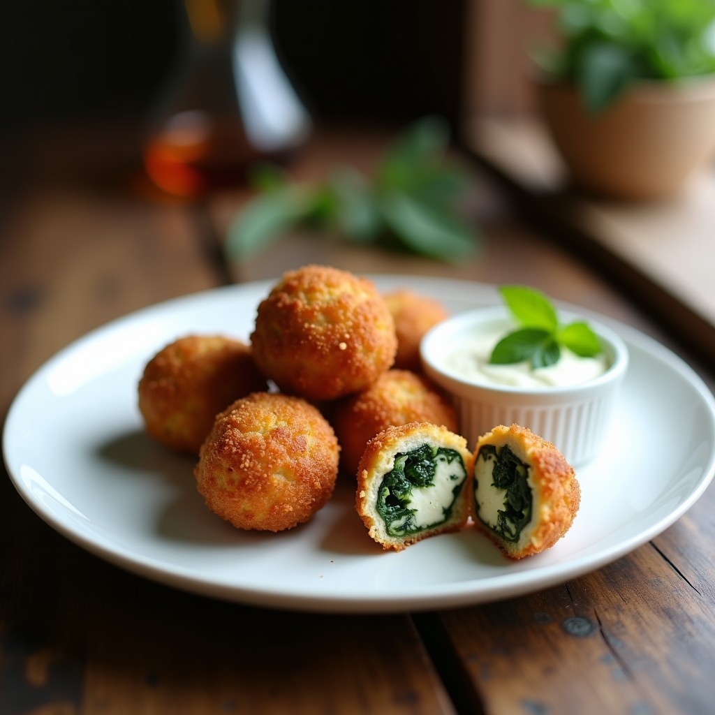 Croquetas doradas y crujientes de espinacas y queso de cabra con pan rallado de almendras, servidas en un plato blanco con salsa de yogur, receta gourmet en Airfryer.