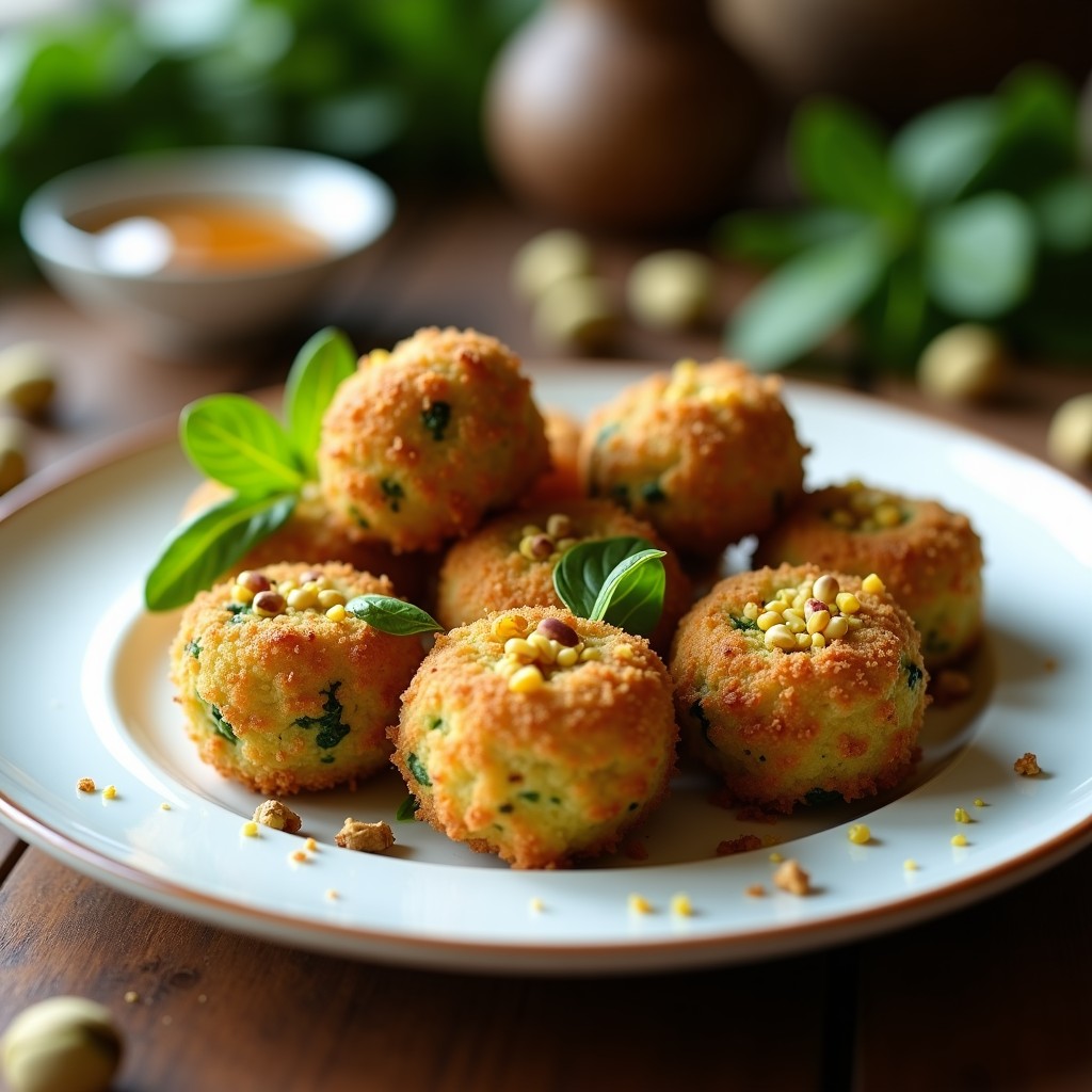 Croquetas doradas de espinacas y queso de cabra con costra crujiente de pistacho, servidas en plato blanco sobre fondo rústico de madera, receta española gourmet.
