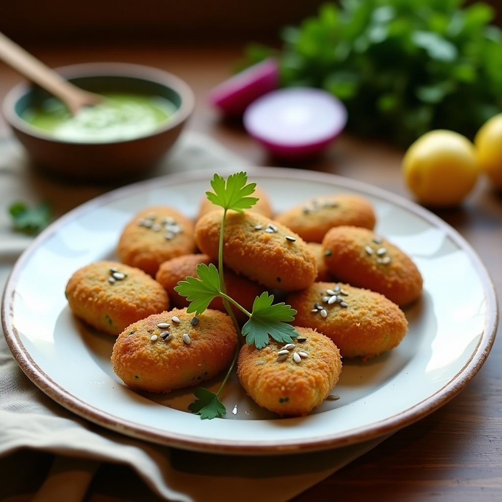 Croquetas doradas y crujientes de espinacas y queso de cahuita servidas en plato blanco rústico, con semillas de girasol visibles en el empanizado. Acompañadas de salsa verde mexicana y hojas de cilantro fresco. Receta de aperitivo mexicano sin fritura en Airfryer.