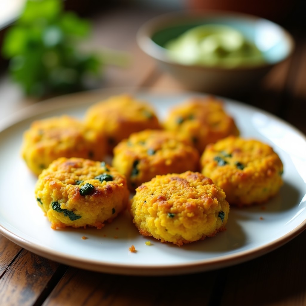 Croquetas doradas y crujientes de espinacas y queso de cúrcuma con pan rallado de mandioca, servidas en plato blanco con perejil fresco, receta sin gluten.