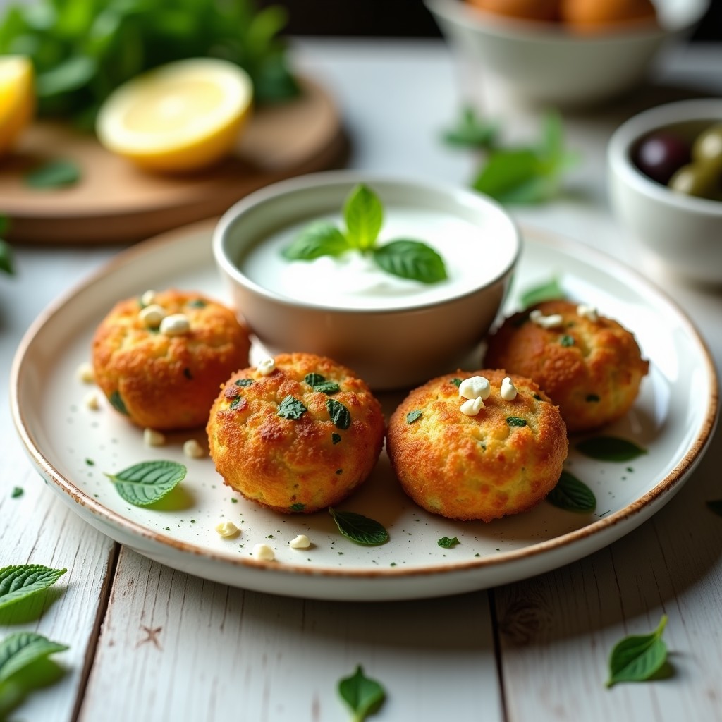 Croquetas de espinacas y queso feta doradas y crujientes servidas en un plato blanco rústico, acompañadas de salsa de yogur griego con menta fresca. Receta de aperitivo griego en airfryer.