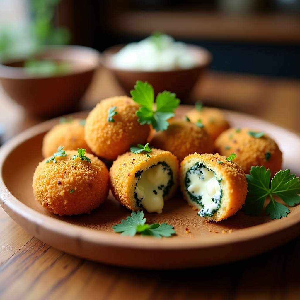 Croquetas doradas y crujientes de espinacas y queso de oveja con pan rallado de almendra, servidas en plato blanco con perejil fresco. Receta sin lactosa.