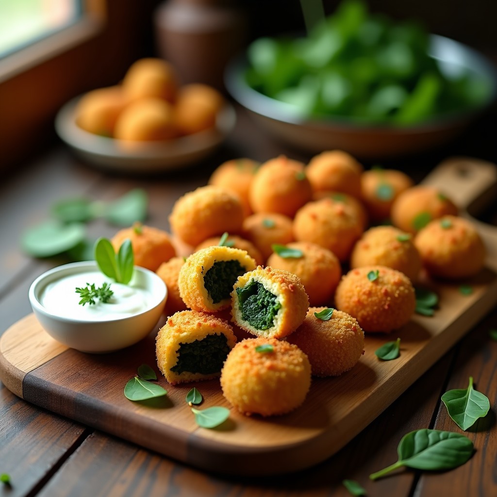 Croquetas doradas y crujientes de espinacas y queso de oveja con panko integral, colocadas en una bandeja de madera rústica con hojas de eneldo fresco y un chorrito de aceite de oliva, receta griega en Thermomix sin freír.