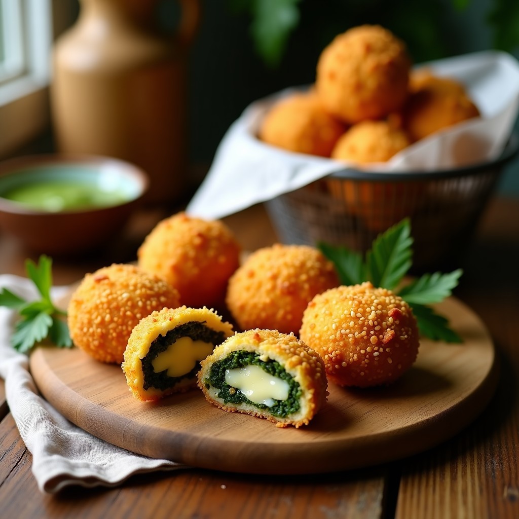 Croquetas de espinacas y queso vegano doradas y crujientes en cesta de airfryer, con textura dorada y relleno cremoso visible. Acompañadas de salsa verde y semillas de sésamo por encima.