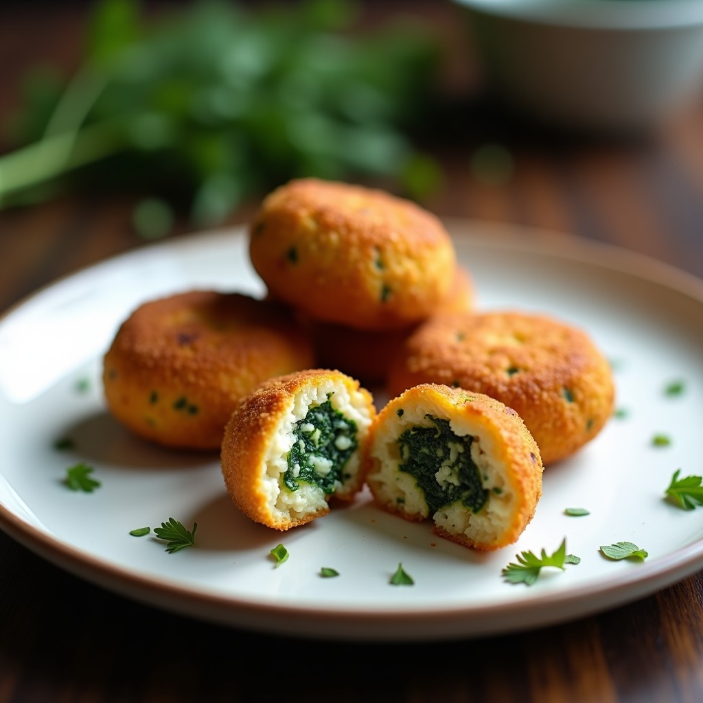 Croquetas doradas y crujientes de espinacas y tofu ahumado dispuestas en un plato blanco rústico, con un fondo de madera oscura y hierbas frescas.