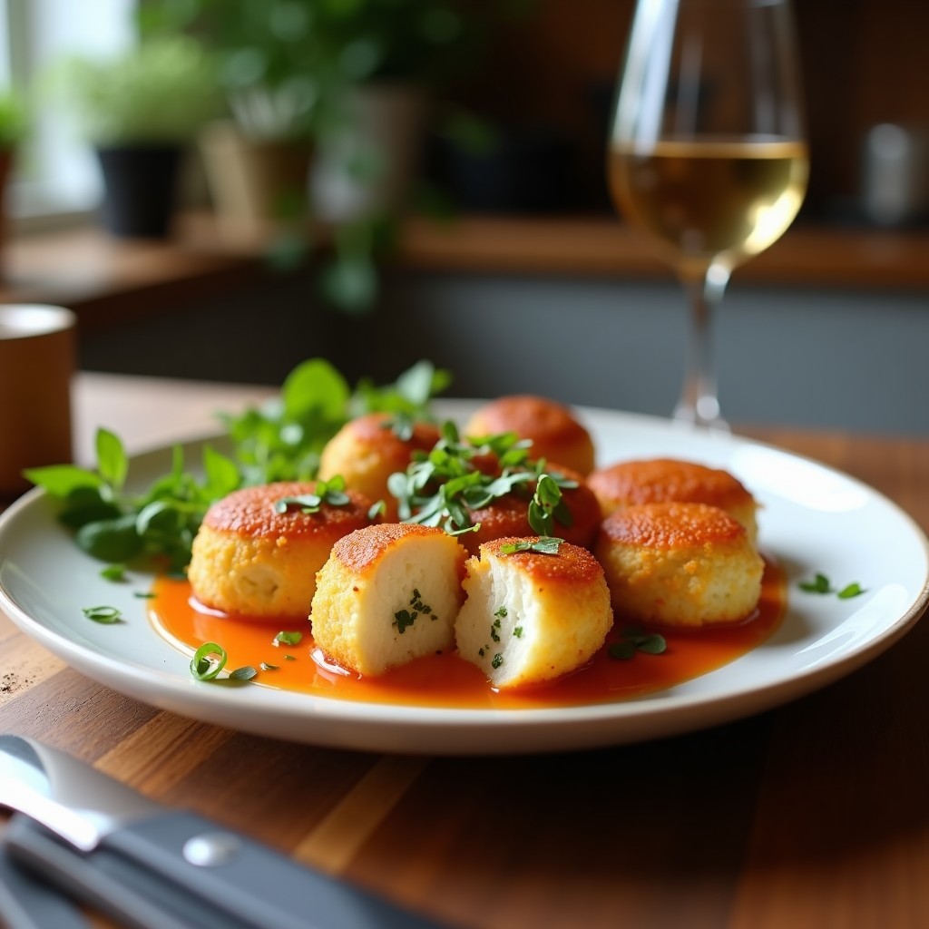 Croquetas doradas y crujientes de espinacas y tofu al azafrán, servidas en un plato de cerámica blanca con un fondo rústico. Se aprecian las hebras de azafrán en la textura y el contraste de colores entre el verde de las espinacas y el dorado del exterior. Receta vegana en airfryer sin harina.