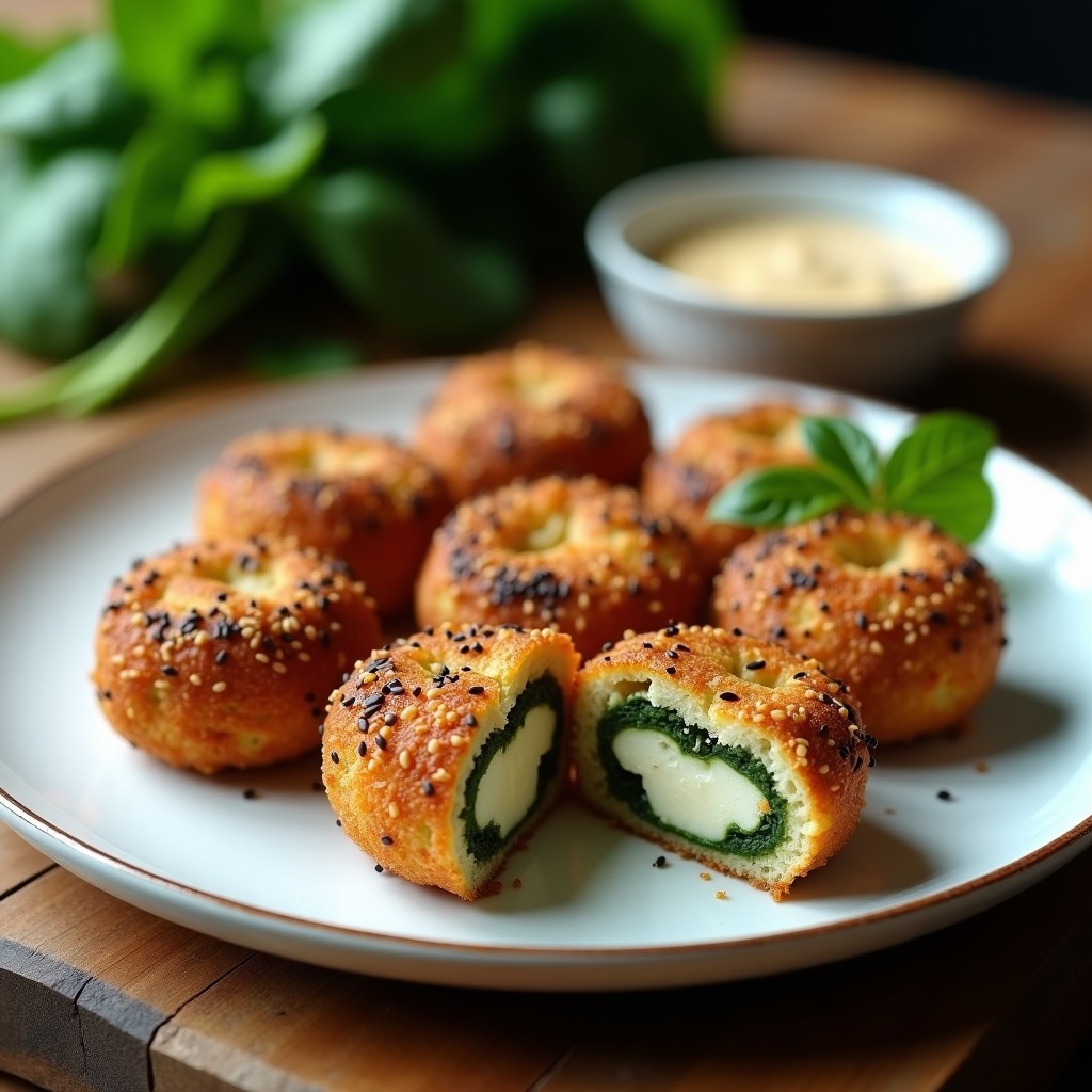 Croquetas doradas de espinacas y tofu con costra crujiente de semillas de sésamo negro y blanco, servidas en un plato blanco sobre fondo de madera rústica. Aperitivo keto en airfryer con textura cremosa por dentro y acabado profesional.