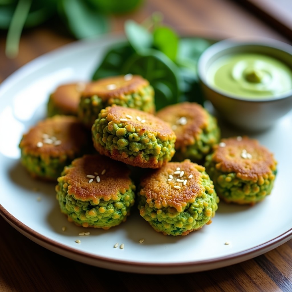 Croquetas de espirulina y espinacas keto en airfryer, doradas y crujientes, con un color verde intenso, servidas en un plato blanco con salsa de aguacate al lado.