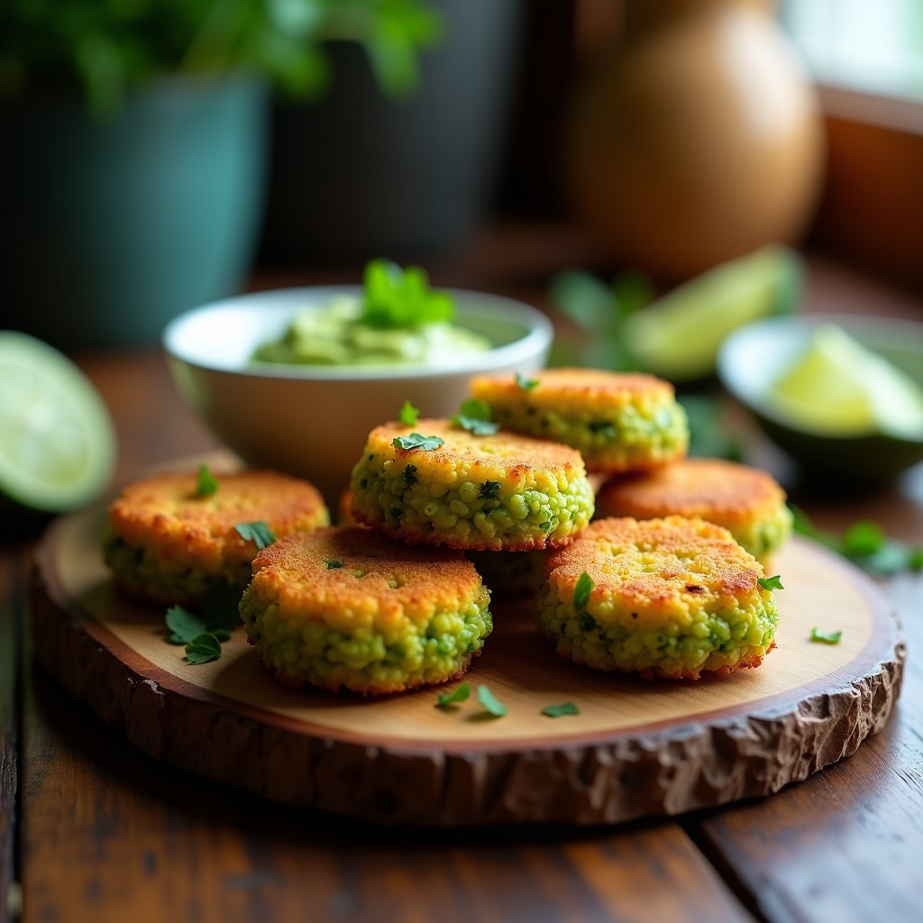 Croquetas de espirulina y patata doradas y crujientes en una fuente de madera, con un toque verde intenso por la espirulina. Servidas con salsa de aguacate y decoradas con hojas de cilantro fresco. Receta alta en proteína en airfryer.