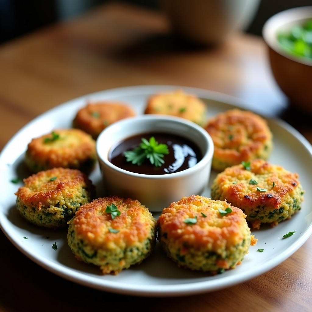 Croquetas doradas y crujientes de espirulina y patata servidas en un plato blanco con salsa de ajo negro espesa, decoradas con perejil fresco. Plato vegano preparado en airfryer.
