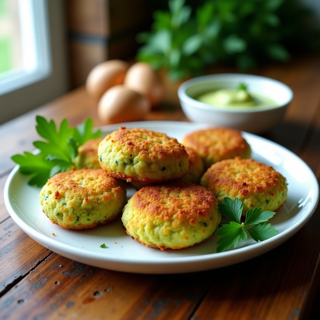 Croquetas doradas y crujientes de espirulina y patata keto, dispuestas en un plato blanco con hierbas frescas y salsa de aguacate al lado. Receta preparada en Thermomix, con un toque verde vibrante.