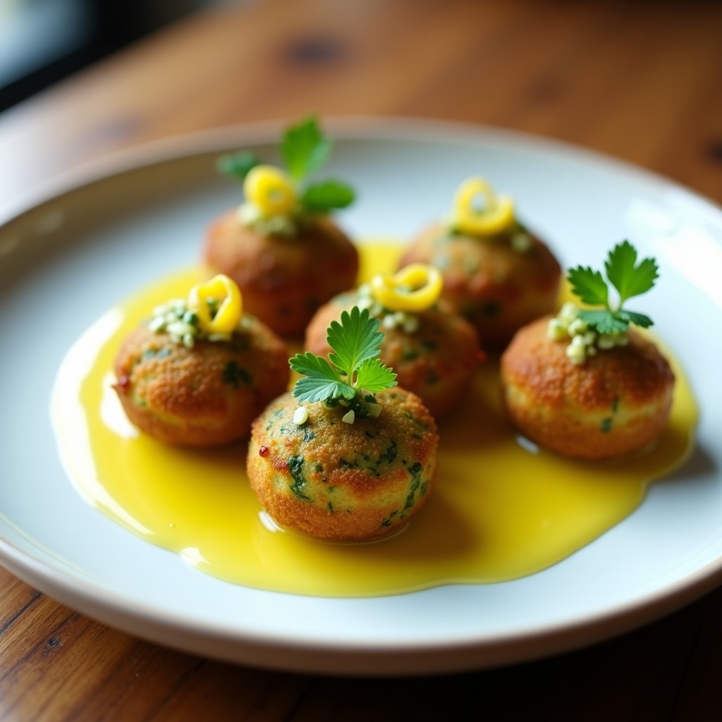 Croquetas doradas de espirulina y patata con textura crujiente, servidas en plato blanco con salsa de limón confitado de color amarillo brillante. Receta alta en hierro en olla express.