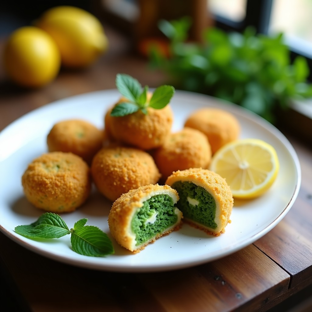 Croquetas doradas y crujientes de espirulina y queso de anacardo con toque de limón, servidas en plato blanco sobre fondo rústico, aperitivo vegano y crudivegano.