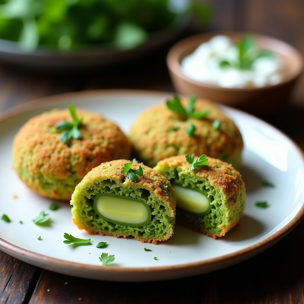 Croquetas de espirulina y queso de anacardos doradas y crujientes, con un color verde esmeralda intenso, servidas en un plato blanco rústico con perejil fresco espolvoreado y salsa de yogur al lado.