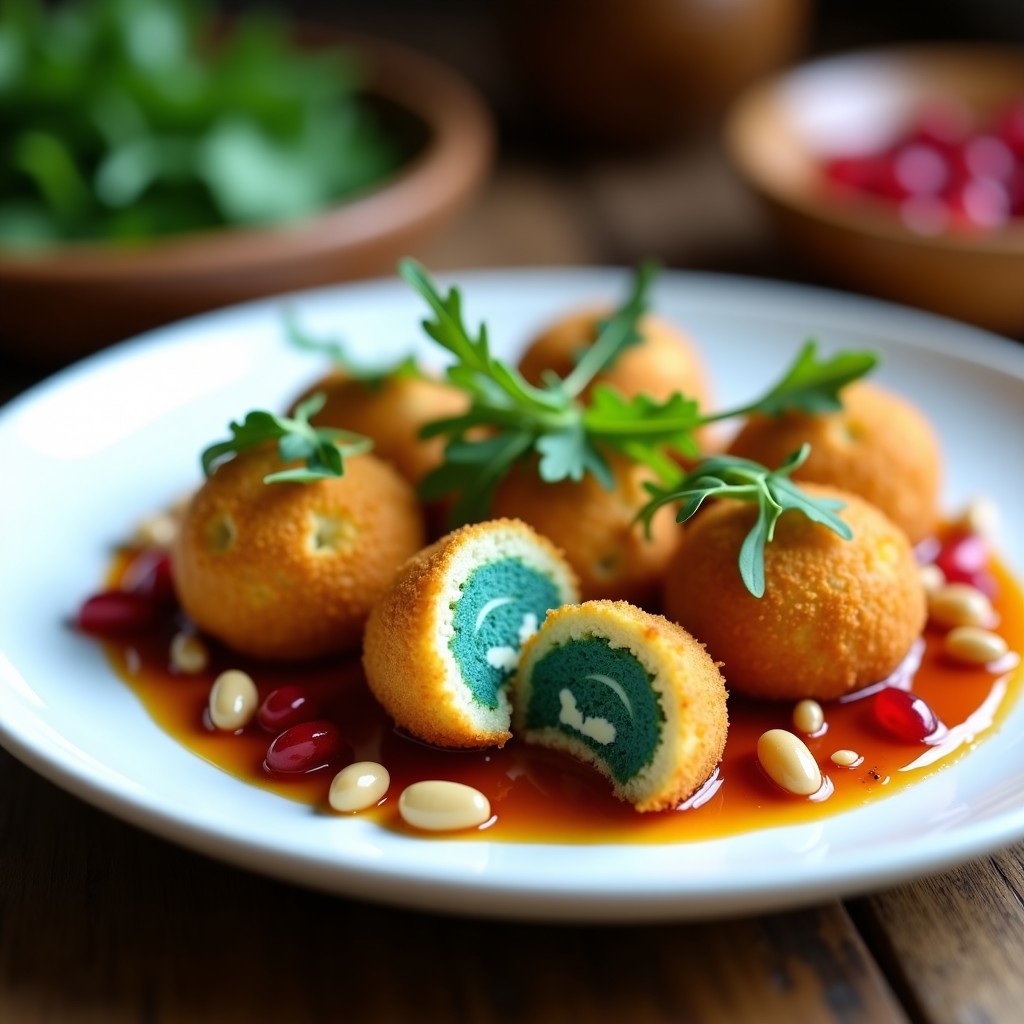 Plato blanco con croquetas de espirulina y queso azul doradas en Airfryer, acompañadas de salsa de nueces cremosa en un bol pequeño. Decoración con nueces picadas y hojas de perejil.