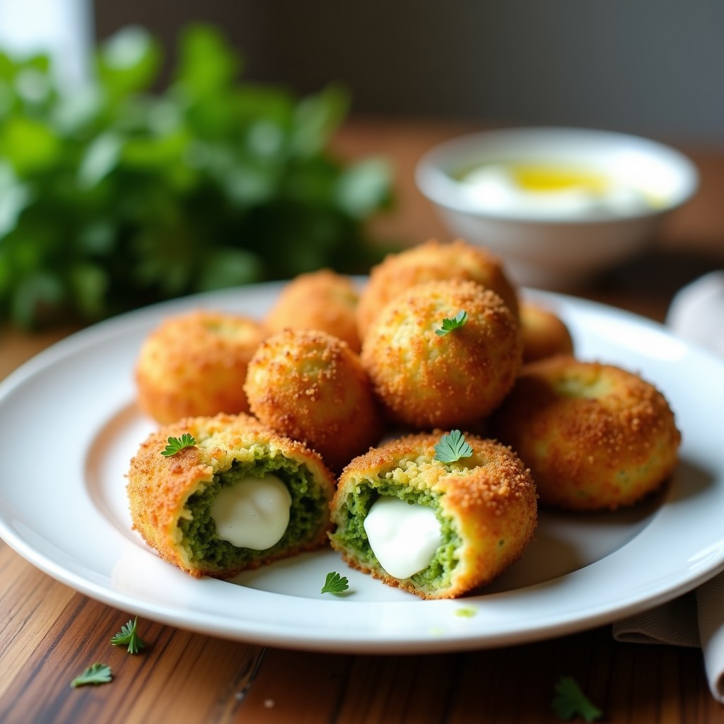 Croquetas de espirulina y queso de cabra con pan de almendra, doradas y crujientes, servidas en plato blanco sobre fondo rústico, con salsa de yogur y hierbas frescas.