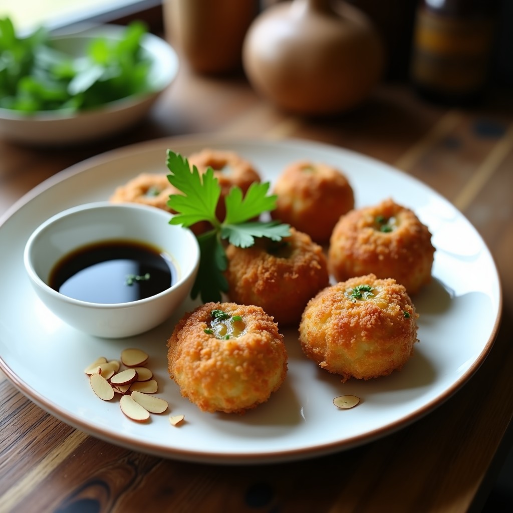 Plato blanco con croquetas doradas de espirulina y queso de castañas, decoradas con salsa de ajo negro y semillas de sésamo, sobre fondo rústico de madera oscura.