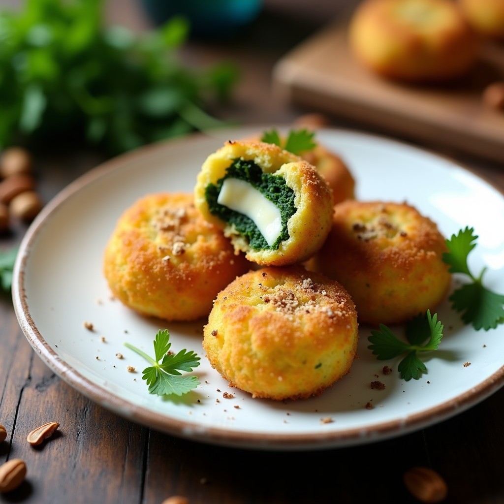 Croquetas de espirulina y queso manchego en airfryer, doradas y crujientes por fuera, con un interior cremoso de color verde azulado. Servidas sobre un plato de madera con perejil fresco y almendras fileteadas.