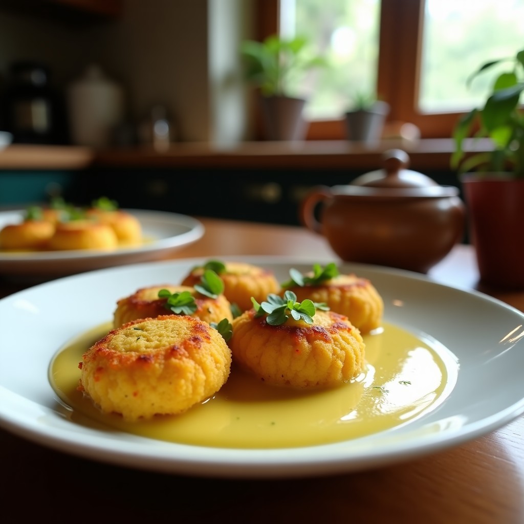 Croquetas doradas de gambas y cúrcuma con bechamel de coco, empanizadas en coco rallado, servidas en un plato blanco con perejil fresco y un toque de cúrcuma espolvoreada, receta airfryer sin harina ni lactosa.