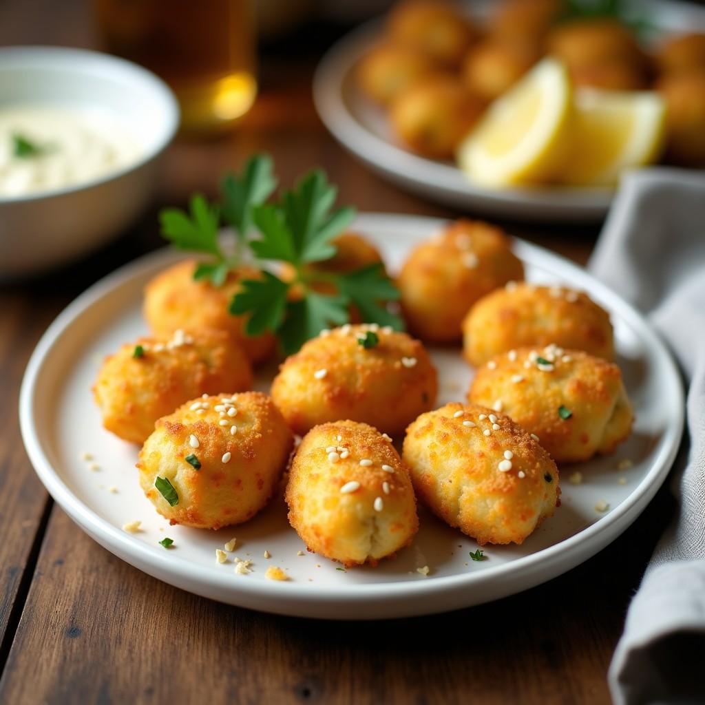 Croquetas doradas y crujientes de garbanzo y alcachofa sin gluten, rebozadas con anacardos molidos, servidas en un plato blanco con rodajas de limón confitado y hierbas frescas al lado. Aperitivo vegano y alto en proteína.